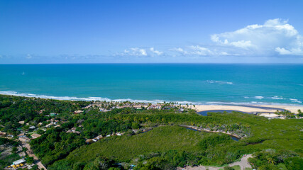 Aerial view of Trancoso, Porto Seguro, Bahia, Brazil. Small chapel in the historic center of Trancoso, called Quadrado. With the sea in the background