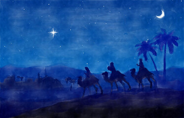 Naklejka na ściany i meble Blue Christmas Nativity Scene background. Three Wise Men go to the manger in the desert. Watercolor painting sketch. Greeting card background.