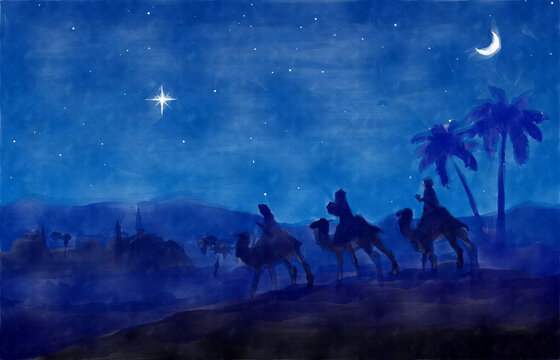 Blue Christmas Nativity Scene background. Three Wise Men go to the manger in the desert. Watercolor painting sketch. Greeting card background.
