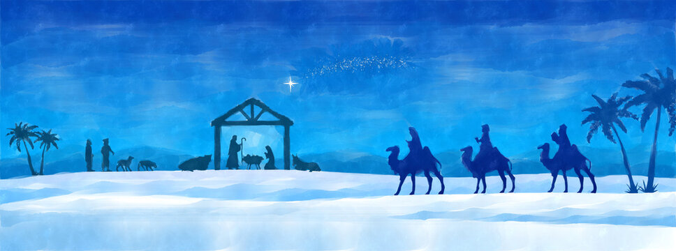 Christmas Nativity in the desert, watercolor painting sketch. Greeting card background.