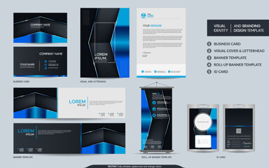 Modern Stylish Blue Metallic mock up set and visual brand identity with abstract overlap layers background . Vector illustration mock up for branding, cover, card, product, event, banner, website.