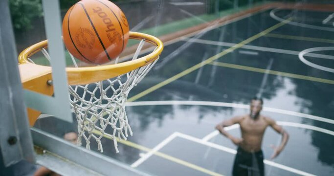 Basketball players score, celebrate and win slam dunk, shoot hoops and team sports playing court game, competition and action match. Friends, community and group for fitness skills and winning energy