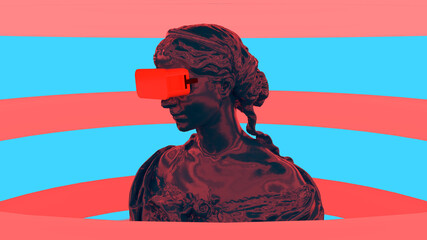 3d render blue color bust woman in virtual glasses neon red