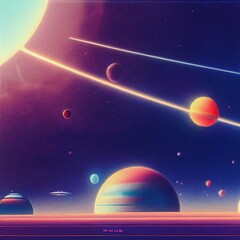 Retro Sci-Fi Planets And Stars illustration of an background. 1980s old school 3D art.