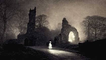 Gloomy dark landscape, old Victorian photo style. Ghosts in abandoned church ruins. 3D illustration. - obrazy, fototapety, plakaty