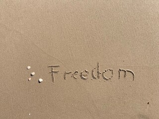 Fototapeta premium on the beach is carved with letters in the smooth sand the writing freedom