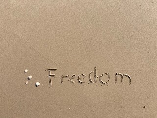 on the beach is carved with letters in the smooth sand the writing freedom