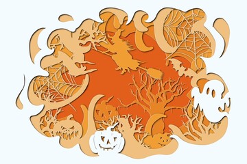 Fototapeta premium Halloween Cute 3D Cut Paper Banner Header invitation advertisement background with Pumpkins, Spiders, Spooks and Haunted House in many layers, orange purple and black