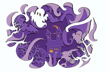 Halloween Cute 3D Cut Paper Banner Header invitation advertisement background with Pumpkins, Spiders, Spooks and Haunted House in many layers, orange purple and black
