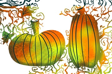 Pumpkin and Gourd illustration for fun Halloween Autumn Fall background, spiders, bats and moon lit sky