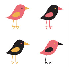 Cute birds in pastel pink and yellow colors. Cartoon collection with funny little bird family, children illustration