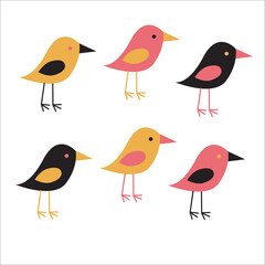 Cute birds in pastel pink and yellow colors. Cartoon collection with funny little bird family, children illustration