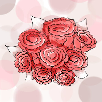 Sketching a bouquet of red flowers on an abstract background with circles. Watercolor roses. High quality photo