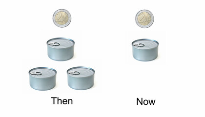 2 euro coin with food canned comparison price now and then money has less value can buy less...
