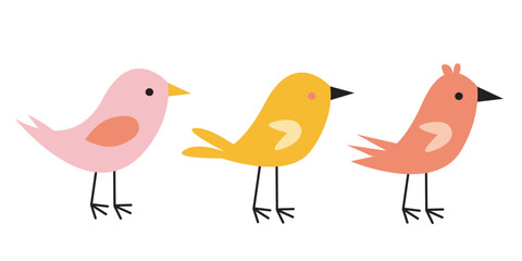 Cute birds in pastel pink and yellow colors. Cartoon collection with funny little bird family, children illustration