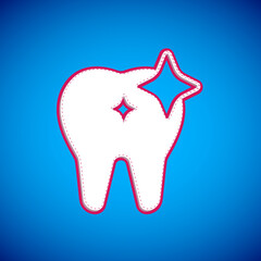 White Tooth whitening concept icon isolated on blue background. Tooth symbol for dentistry clinic or dentist medical center. Vector
