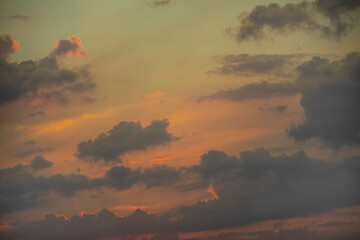 Dramatic sky background. Stormy sky landscape. Sky panoramic scene. Colorful evening sky.