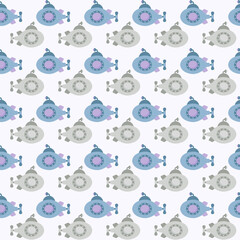 Vector seamless pattern with submarine.Underwater cartoon creatures.Marine background.Cute ocean pattern for fabric, childrens clothing,textiles,wrapping paper