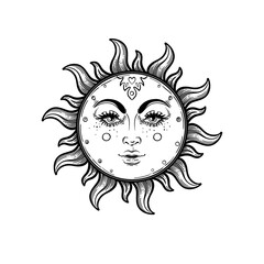 Sun. Vector illustration in vintage engraving style. Tattoo, astrology, alchemy, boho and magic symbol. Coloring book.