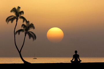 Silhouette of woman practicing yoga in a tropical ocean sunset scene near the ocean 