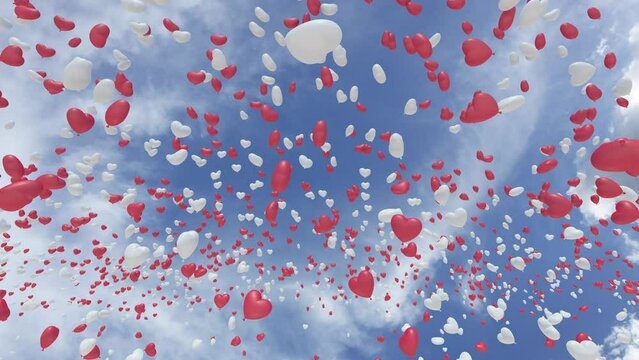 Heart Balloons rising up to the sky 3D animation.