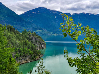 Norwegian riviera landscape with turquoise sea and lively vegetation.