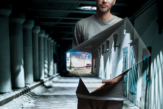 Fototapeta person holding a square frame with a backround painting, surreal creative concept
