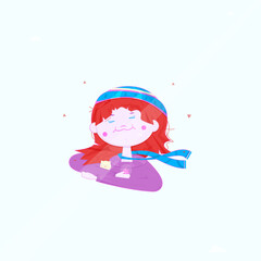Vector smiling girl dressed in stripy hat and scarf and hugging a cat pet by one hand, in another one she is holding a shining present box. She is outdoors on an autumn day, decorated by some falling 