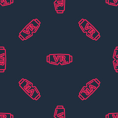 Red line Virtual reality glasses icon isolated seamless pattern on black background. Stereoscopic 3d vr mask. Optical head mounted display. Vector