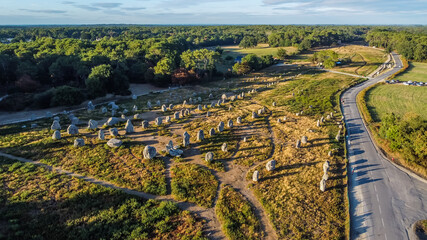 Aerial view of the Carnac stone alignments of Kermario in Morbihan, France - Prehistoric menhirs...