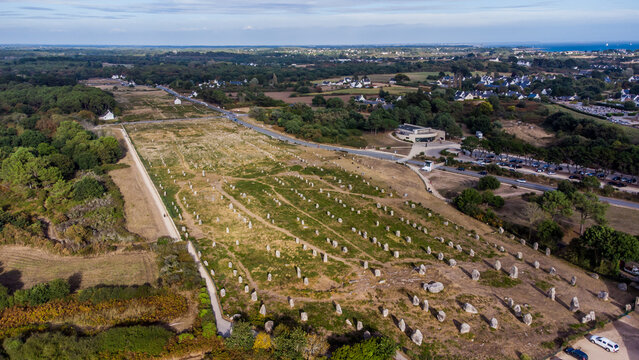 Aerial view of the Carnac stone alignments of M&eacute;nec in Morbihan, France - Prehistoric menhirs and megaliths in rows in Brittany