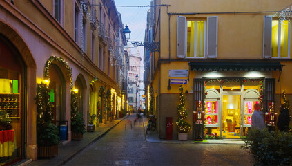 Fototapeta na wymiar Night Christmas illumination of Parma in Italy outdoor.