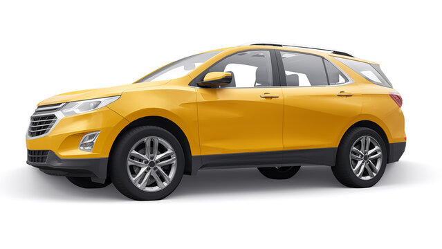 San Diego. USA. January 3, 2022. Chevrolet Equinox 2017. yellow mid-size city SUV for a family on a white background. 3d rendering.