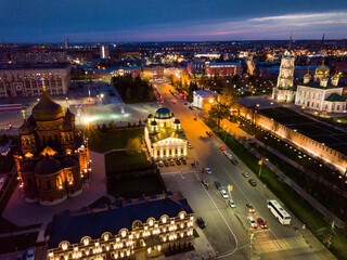 Fototapeta na wymiar Night aerial view of Tula cityscape overlooking medieval Kremlin and Holy Assumption Cathedral, Russia