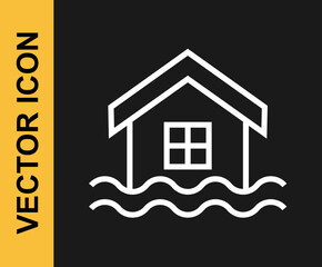 White line House flood icon isolated on black background. Home flooding under water. Insurance concept. Security, safety, protection, protect concept. Vector