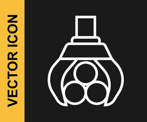 White line Grapple crane grabbed a log icon isolated on black background. Forest industry. Industrial crane for lumber trunk wood production. Vector