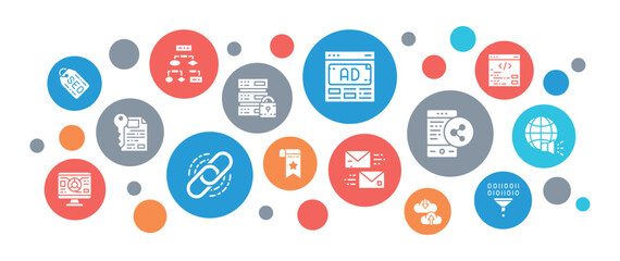 SEO landing page layout. Bookmark, Hosting, Hyperlink, Advertisement, Data Transfer web banner concept.