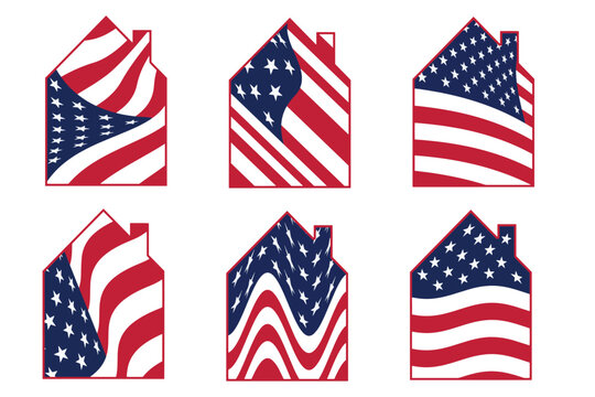 set of american flag holiday house home shape icons for celebration event illustration