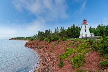 Fototapeta na wymiar Marconi lighthouse and museum in Prince Edward Island view view of the coastline