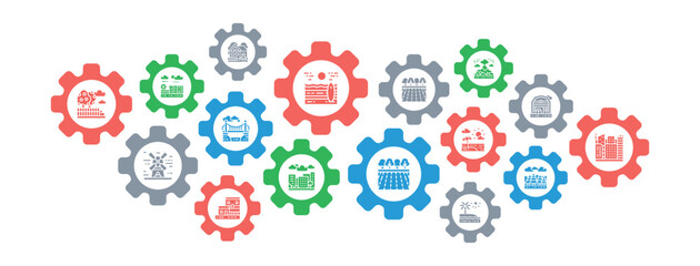 Landscape vector banner design concept. Bridge, Forest, Garden, Volcano, Windmill flat style illustration with thin line icons.