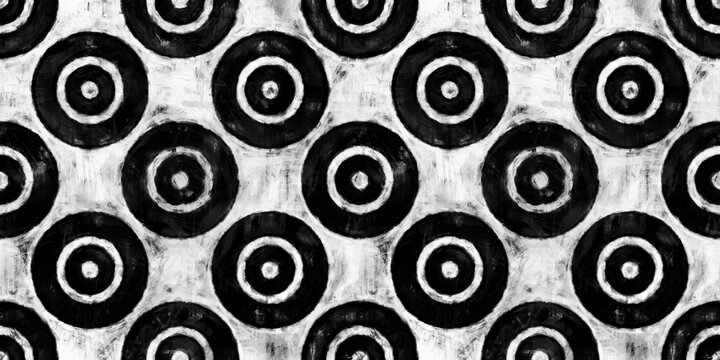 Seamless painted concentric circles or bullseye target motif black and white artistic acrylic paint texture background. Tileable creative grunge monochrome hand drawn wallpaper pattern design.