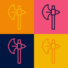 Pop art line Medieval axe icon isolated on color background. Battle axe, executioner axe. Medieval weapon. Vector