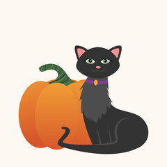 Black cat with her Halloween pumpkin