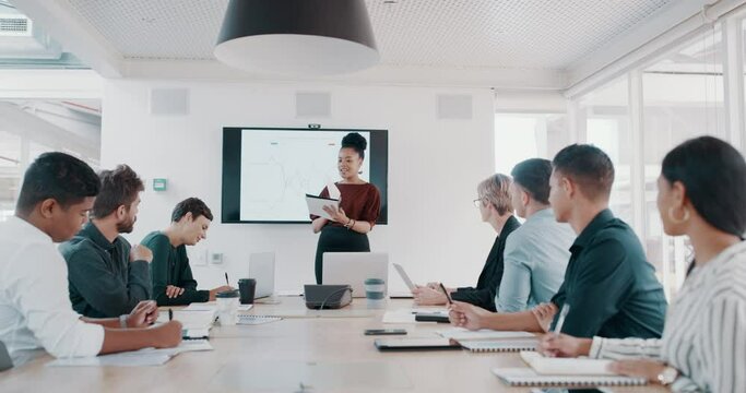 Presentation, conference and business meeting with corporate, strategy and vision planning company with black woman manager. Business people, analytics and data listening to presenter business woman