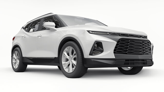 Dallas. USA. July 21, 2021. Chevrolet Blazer 2021. White ultra-modern SUV with a catchy expressive design for young people and families. White background. Bright glowing headlights. 3d illustration.