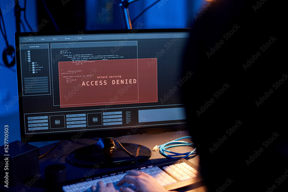 Poster cybercrime, hacking and technology concept - close up of female hacker in dark room breaking securit