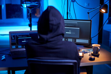 cybercrime, hacking and technology concept - male hacker in dark room writing code or using...