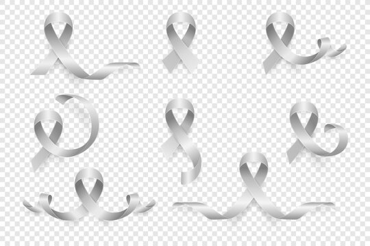 Vector 3d Realistic Gray Ribbon Set. Brain Cancer Awareness Symbol Closeup. Cancer Ribbon Template. World Brain Cancer Day Concept