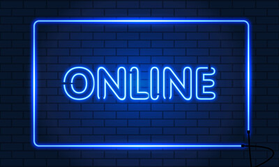 Neon sign ONLINE in a frame on brick wall background. Vintage electric signboard with bright neon lights. Blue light falls. Vector illustration