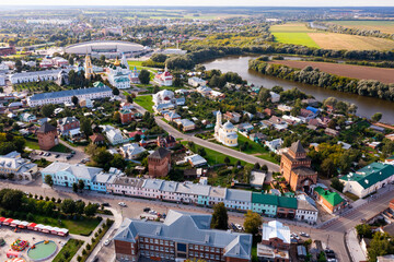 Aerial copter view of modern cityscape of Kolomna overlooking ancient Kremlin, Moscow region, Russia